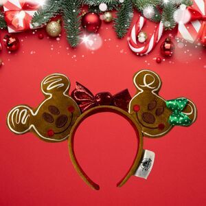 Disney Parks Cute Christmas Mickey & Minnie Gingerbread Ears Headband w/ Bow